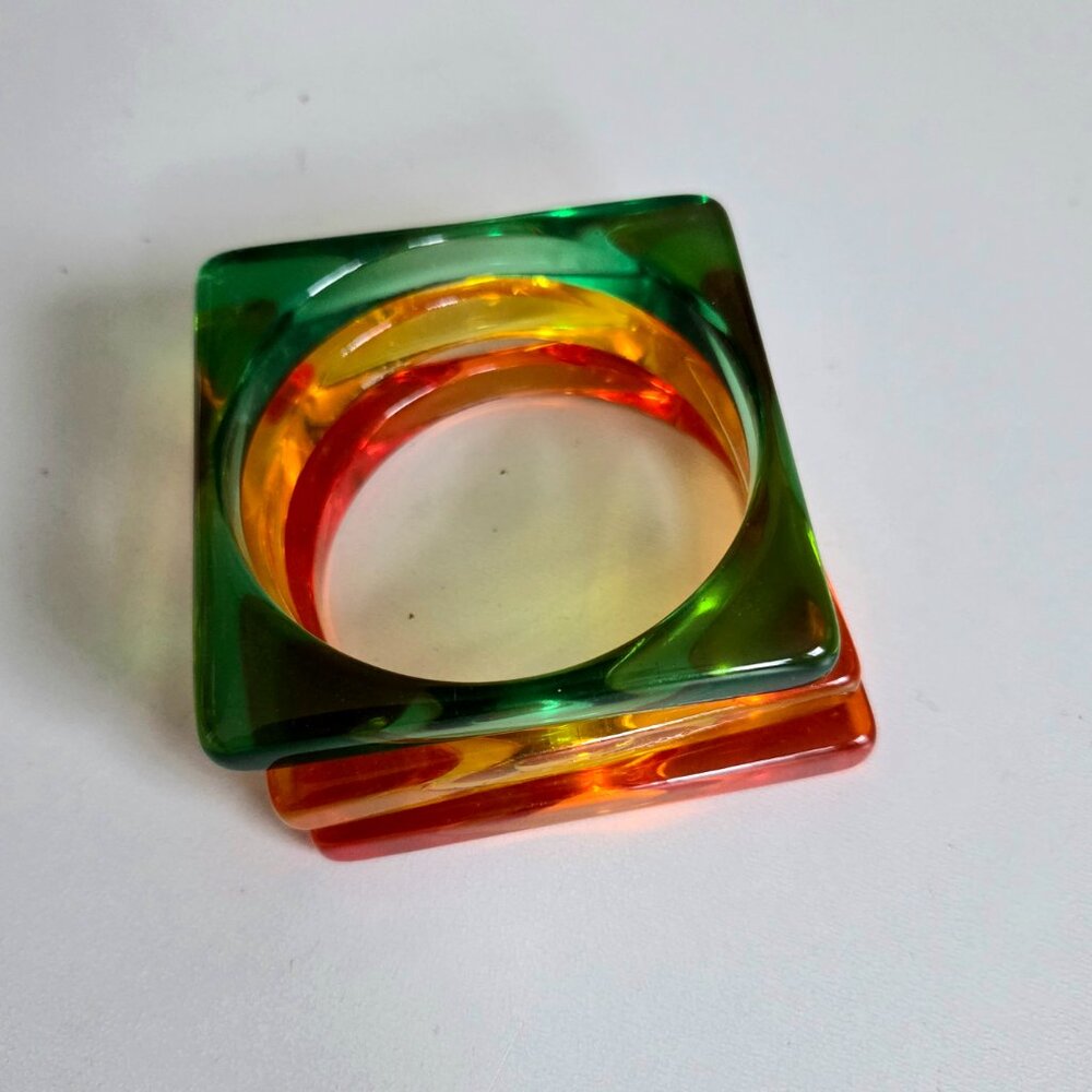 Set of 3 Lucite orange yellow green square bangles. - Picture 3 of 9